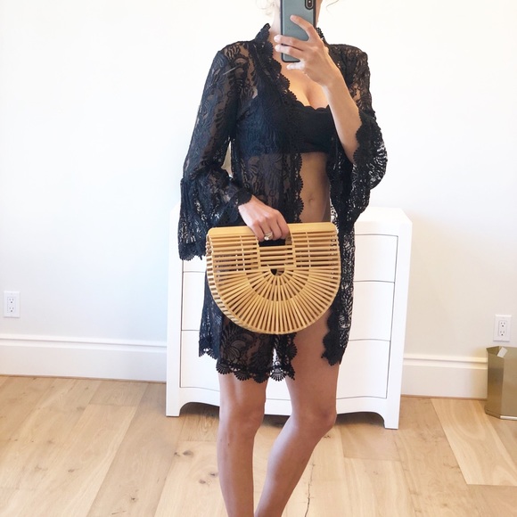 TAHITI Black Lace Coverup Robe w Sash - Picture 8 of 8